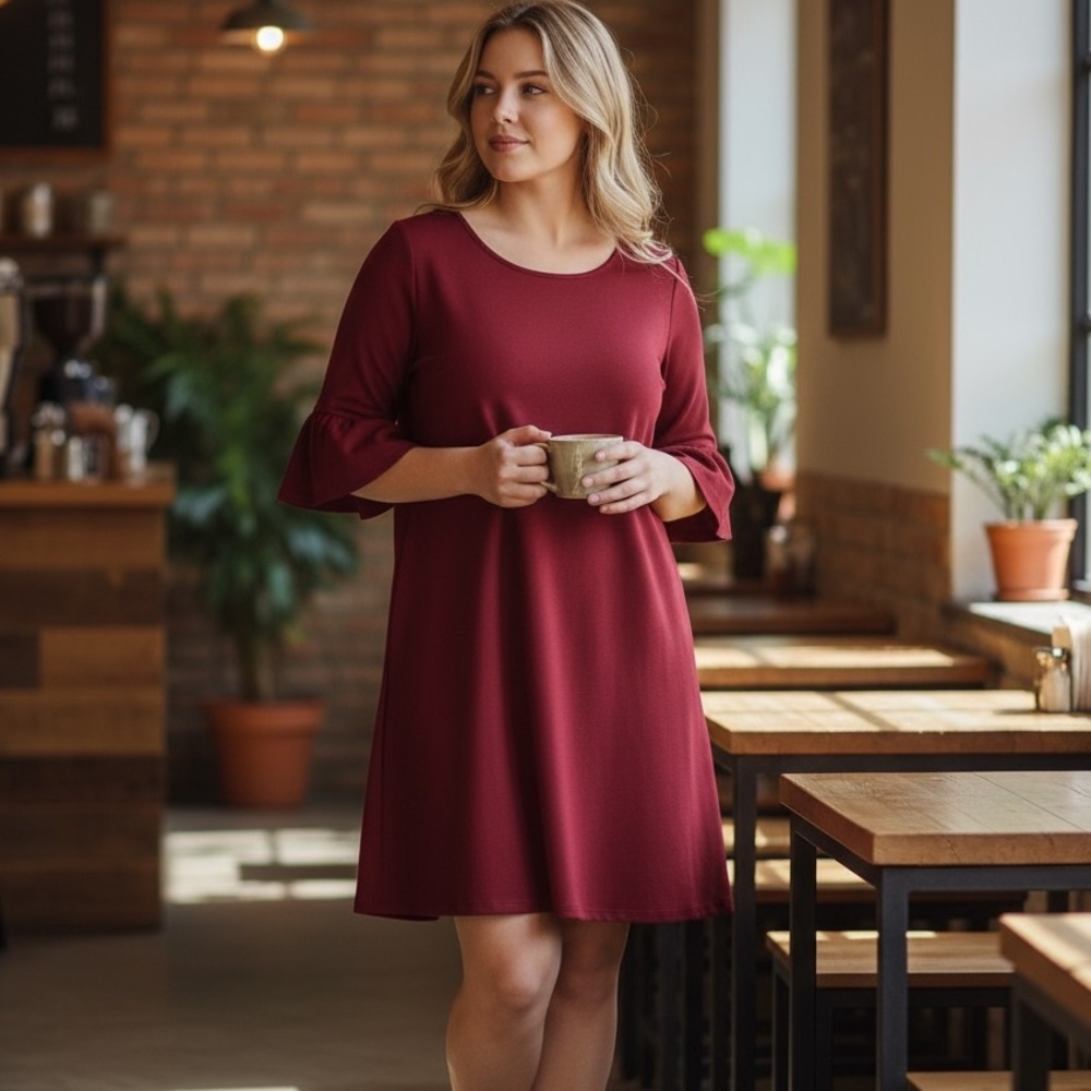 Standards & Practices Wine Bell Sleeve Dress Women’s Size 2X With Pockets New